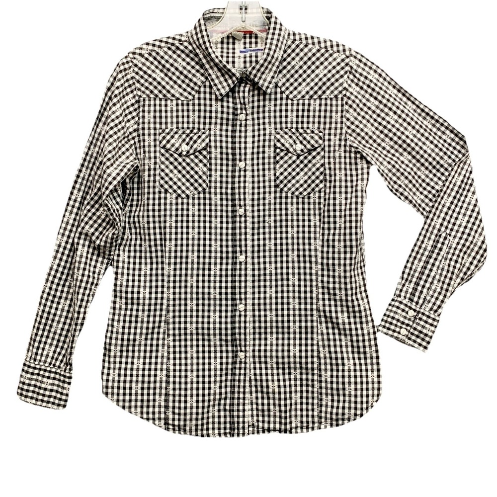 Walls Womens Check 100% Cotton Western Shirt Small Black Cowgirl Fitted Country